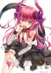  1girl asymmetrical_horns black_skirt blue_eyes curled_horns dragon_girl dragon_horns dragon_tail elizabeth_bathory_(fate) elizabeth_bathory_(fate)_(all) eyebrows_visible_through_hair fang fate/extra fate/extra_ccc fate_(series) fingernails highres horns long_fingernails long_hair looking_at_viewer open_mouth pink_hair pointy_ears simple_background skirt solo supera tail twitter_username white_background 