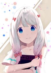  1girl absurdres blue_eyes bow collarbone eromanga_sensei evan_(pixiv7510743) eyes hair_bow highres holding izumi_sagiri long_hair looking_at_viewer multicolored_hair off_shoulder pink_bow pink_hair shirt short_sleeves silver_hair solo two-tone_hair upper_body white_shirt 