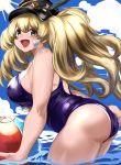  1girl ass ball bandage bare_shoulders beachball blonde_hair blush breasts granblue_fantasy grey_eyes hat hat_feather highres large_breasts long_hair looking_at_viewer maou_(maoudaisukiya) monica_weisswind open_mouth school_swimsuit smile solo swimsuit thighs 