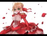  1girl aestus_estus ahoge blonde_hair breasts cleavage closed_mouth epaulettes fate/extra fate_(series) green_eyes hair_ribbon highres holding holding_sword holding_weapon letterboxed long_sleeves looking_at_viewer nero_claudius_(fate) nero_claudius_(fate)_(all) petals red_ribbon ribbon short_hair simple_background sleeves_past_wrists smile solo soramame_pikuto sword weapon white_background 