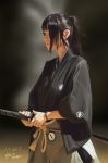  1girl asian black_hair highres japanese_clothes katana original photo-referenced raikoart realistic sheath solo sword weapon 