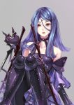  1girl bare_shoulders blue_hair breasts cleavage collarbone drag-on_dragoon drag-on_dragoon_3 eyebrows_visible_through_hair eyelashes facial_mark feet_out_of_frame forehead_mark gloves gogo_(detteiu_de) grey_background hair_between_eyes hair_ornament highres knees_together_feet_apart long_hair medium_breasts open_mouth purple_gloves roman_numerals solo straight_hair three_(drag-on_dragoon) violet_eyes 