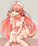  1girl akashi_(kantai_collection) eyebrows_visible_through_hair feet_out_of_frame green_eyes grey_background grin h_k_white hair_between_eyes hair_ribbon hand_on_own_face hat highres kantai_collection long_hair looking_at_viewer nurse nurse_cap pantyhose pink_hair pink_legwear ribbon simple_background sitting smile solo tress_ribbon very_long_hair 