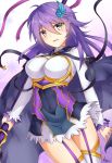  1girl anemone_(flower_knight_girl) armor blue_eyes blush breasts cloak flower flower_knight_girl hair_ornament kimukimu long_hair looking_at_viewer medium_breasts open_mouth purple_hair smile solo thigh-highs 