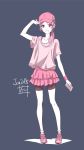  1girl 2018 :d arm_up bike_shorts black_shorts cellphone collarbone full_body grey_background grey_shirt hair_over_shoulder hat highres holding holding_phone layered_skirt long_hair looking_at_viewer miniskirt nii_manabu open_mouth original phone pink_eyes pink_footwear pink_hair pink_hat pink_skirt ponytail shirt shoes short_sleeves shorts shorts_under_skirt signature simple_background skirt smartphone smile sneakers socks solo standing white_legwear wristband 