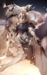 armor armored_dress blonde_hair blue_eyes braid capelet chains closed_eyes closed_mouth dress eyebrows_visible_through_hair fate/apocrypha fate/grand_order fate_(series) faulds flag fur_trim gauntlets gloves hat headpiece highres holding_another&#039;s_arm jeanne_d&#039;arc_(fate) jeanne_d&#039;arc_(fate)_(all) long_braid long_hair marie_antoinette_(fate/grand_order) no-kan outstretched_arm plackart protecting sheath sheathed silver_hair single_braid sleeveless sleeveless_dress standard_bearer sword takeuchi_takashi tears thigh-highs unconscious very_long_hair weapon 