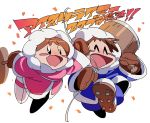  1boy 1girl ^_^ black_eyes blush_stickers brown_gloves brown_hair celebration closed_eyes confetti gloves home_(houmei) ice_climber mallet nana_(ice_climber) open_mouth parka popo_(ice_climber) rope simple_background smile spiked_boots super_smash_bros. tearing_up white_background 