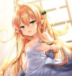  1girl ahoge bare_shoulders blonde_hair blush bracelet commentary_request dress granblue_fantasy green_eyes hair_ornament harvin indoors jewelry long_hair looking_at_viewer melissabelle off_shoulder open_mouth pointy_ears shikitani_asuka smile solo very_long_hair white_dress window 
