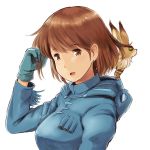  1girl :d blue_gloves blue_hoodie breasts brown_eyes brown_hair commentary_request creature eyebrows_visible_through_hair gloves hand_up hood hoodie kaze_no_tani_no_nausicaa long_hair looking_at_viewer medium_breasts nausicaa on_shoulder open_mouth short_hair simple_background smile solo teto upper_body wa_(genryusui) white_background 