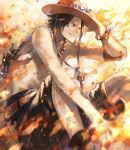  backpack bag black_eyes black_shorts boots bracelet brown_eyes brown_footwear fire freckles grin hat highres jewelry on_ground one_piece portgas_d_ace shorts sitting smile tsugutoku yellow_background 