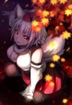  1girl animal_ears autumn_leaves bare_shoulders black_skirt breasts detached_sleeves hat highres hukin_ame inubashiri_momiji large_breasts leaf looking_up medium_skirt multicolored multicolored_clothes multicolored_skirt open_mouth pom_pom_(clothes) red_eyes red_skirt ribbon-trimmed_sleeves ribbon_trim shirt short_hair silver_hair skirt solo tail tokin_hat touhou turtleneck water white_shirt wide_sleeves wolf_ears wolf_tail 