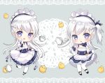  2girls :d apron azur_lane belchan_(azur_lane) belfast_(azur_lane) bird black_dress black_footwear blue_ribbon blush bow braid chestnut_mouth chibi commentary_request cup dress elbow_gloves gloves grey_background hair_ribbon hand_up ju_(a793391187) lace_border long_hair looking_at_viewer maid maid_headdress mary_janes multiple_girls one_side_up open_mouth pantyhose ribbon shoes silver_hair simple_background sleeveless sleeveless_dress smile standing standing_on_one_leg teacup teapot tray very_long_hair violet_eyes waist_apron white_apron white_gloves white_legwear yellow_bow 