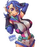  1girl amania_orz belt blue_girl blue_hair breasts earrings elbow_gloves facial_tattoo fingerless_gloves gloves heart jewelry large_breasts long_hair shirt sleeveless solo tattoo tongue tongue_out violet_eyes yu-gi-oh! yu-gi-oh!_vrains zaizen_aoi zipper 