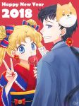  1girl 2018 androgynous bishoujo_senshi_sailor_moon black_hair blonde_hair blue_eyes bow camellia candy_apple dog_mask double_bun earrings flower flower_earrings food from_side grin hair_bow hair_flower hair_ornament happy_new_year highres hoshikuzu_(milkyway792) japanese_clothes jewelry kimono long_hair looking_at_viewer low_ponytail mask mask_on_head nail_polish new_year obi ofuda ponytail red_background red_nails sash seiya_kou side_glance signature simple_background smile striped striped_bow stud_earrings tsukino_usagi twintails v 