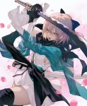 1girl bangs black_legwear blonde_hair bow breasts commentary_request fate/grand_order fate_(series) hair_between_eyes hair_bow haori highres holding holding_sword holding_weapon japanese_clothes katana kimono koha-ace obi okita_souji_(fate) open_mouth petals sash scarf short_hair short_kimono simple_background solo sword wanke weapon wide_sleeves yellow_eyes 