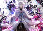  1boy black_background blue_eyes cloak fate/grand_order fate_(series) grin highres long_sleeves looking_at_viewer male_focus merlin_(fate) multicolored multicolored_background outstretched_hand pink_background polka_dot polka_dot_background purple_background smile solo tsugutoku white_background white_cloak white_hair 
