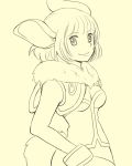  1girl animal_ears breasts chrono_cross cleavage cleavage_cutout commentary_request fur janice looking_at_viewer mizushima_(kazami4) monster_girl paws rabbit_ears short_hair shorts solo tail 