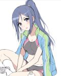  blush breasts cleavage commentary english_commentary head_tilt indian_style jacket_on_shoulders large_breasts long_hair looking_at_viewer love_live! love_live!_school_idol_project love_live!_sunshine!! matsuura_kanan parted_lips ponytail purple_hair shoes simple_background sitting sketch socks sports_bra tonee violet_eyes white_background white_legwear 