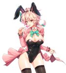  1girl :p animal_ears black_legwear black_leotard blush bow bowtie braid breasts bunnysuit candy cleavage detached_collar fake_animal_ears food hair_ornament hair_ribbon highres jacket jacket_lift large_breasts leotard lollipop looking_at_viewer moing pink_hair pink_jacket rabbit_ears red_eyes ribbon short_braid short_hair simple_background single_braid smile soccer_spirits solo strapless strapless_leotard thigh-highs tongue tongue_out white_background 