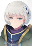  1girl absurdres bangs blue_eyes eyebrows_visible_through_hair hair_ornament highres lzl_j meteora_osterreich portrait re:creators short_hair silver_hair simple_background smile solo white_background 