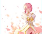  1girl closed_eyes dated dress estellise_sidos_heurassein facing_viewer gloves hands_on_own_chest petals pink_hair puyon_(puyon) short_hair signature simple_background solo tales_of_(series) tales_of_vesperia white_background white_coat white_gloves 