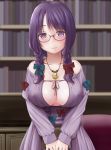  1girl adapted_costume bangs bare_shoulders bespectacled blurry book bookshelf bow braid breasts cleavage cleavage_cutout collarbone commentary_request crescent_moon depth_of_field glasses hair_bow holding holding_book jewelry kozue_akari large_breasts library long_hair looking_at_viewer moon necklace patchouli_knowledge purple_hair semi-rimless_eyewear smile solo touhou twin_braids under-rim_eyewear violet_eyes 