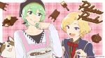  2boys :p apron blonde_hair chocolate copyright copyright_name dog green_eyes green_hair head_scarf male_focus multiple_boys official_art open_mouth palette_parade rubens_(palette_parade) smile tongue tongue_out vandyck_(palette_parade) violet_eyes 