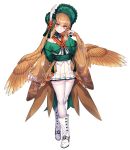 1girl bangs boots brown_eyes brown_hair closed_mouth collarbone commentary_request decidueye expressionless eyebrows_visible_through_hair feathered_wings feathers fingernails frills full_body hand_up headdress high_heel_boots high_heels highres japanese_clothes katagiri_hachigou long_sleeves looking_at_viewer personification pleated_skirt pokemon simple_background skirt sleeves_past_wrists solo thigh-highs white_background white_footwear white_legwear wide_sleeves wings zettai_ryouiki