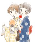  2girls :d bag bagged_fish bangs black_hair blue_kimono blunt_bangs blush_stickers bow braid brown_eyes brown_hair candy_apple coin_purse cowboy_shot dot_nose expressionless fan festival fish food french_braid from_side hair_bun handbag hands_up holding holding_fan holding_food itunohika japanese_clothes kimono long_sleeves looking_at_viewer multiple_girls obi open_mouth original paper_fan parted_lips red_bow sash sidelocks simple_background smile summer_festival tareme uchiwa white_background wide_sleeves yellow_kimono yukata 