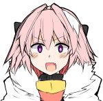  1boy armor astolfo_(fate) black_bow black_ribbon blush bow cape commentary_request fang fate/apocrypha fate_(series) fur_trim hair_intakes hair_ribbon highres male_focus multicolored_hair open_mouth pink_hair ribbon simple_background sketch smile solo streaked_hair takasaki_aneki trap violet_eyes white_background white_hair 