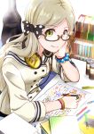  1girl black_bow blonde_hair book_stack bookshelf bow braid can chin_rest double-breasted elbows_on_table glasses green_eyes guitar_case handa_roko headphones headphones_around_neck homework idolmaster idolmaster_million_live! instrument_case jewelry long_hair long_sleeves looking_at_viewer mechanical_pencil pencil polka_dot polka_dot_bow polka_dot_scrunchie ring rurika_seijin school_uniform scrunchie semi-rimless_eyewear serafuku smile solo under-rim_eyewear wrist_scrunchie 