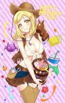  1girl barrel boat book breasts brown_legwear brown_skirt brown_vest candy canteen cleavage confetti cowboy_hat cowboy_shot dated demon dolphin flower food fringe front-tie_top fruit garter_straps green_eyes happy_birthday hat holding instrument looking_at_viewer love_live! love_live!_sunshine!! mandarin_orange matsumoto_(starbright_mary) medium_breasts medium_hair midriff mini_piano ohara_mari piano pouch red_flower skirt smile solo star_hat_ornament striped striped_background stuffed_horse thigh-highs vertical-striped_background vertical_stripes vest watercraft western 