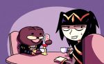  1boy 1girl :d bangs black_hair blunt_bangs cape chair commentary energy_drink english_commentary fire_emblem holding looking_away my_unit_(fire_emblem:_kakusei) open_mouth purple_background setz sitting smile spurdo_bear sweatdrop table tharja two_side_up 