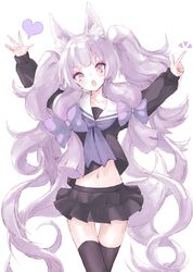  1girl absurdres animal_ears black_serafuku buran_(kure) fox_ears fox_tail grey_eyes heart highres long_hair looking_at_viewer navel open_mouth original pleated_skirt school_uniform serafuku silver_hair skirt solo standing tail thigh-highs thigh_gap white_background 