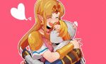  2girls armor artist_request blonde_hair blush closed_eyes highres hug long_hair multiple_girls princess_zelda red_eyes reverse_trap sheik smile super_smash_bros. surcoat the_legend_of_zelda the_legend_of_zelda:_a_link_between_worlds the_legend_of_zelda:_breath_of_the_wild the_legend_of_zelda:_ocarina_of_time turban 