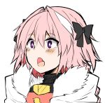  1boy armor astolfo_(fate) black_bow black_ribbon blush bow braid cape commentary_request fang fate/apocrypha fate_(series) fur_trim gasp hair_intakes hair_ribbon highres male_focus multicolored_hair open_mouth pink_hair ribbon simple_background single_braid sketch solo streaked_hair takasaki_aneki trap violet_eyes white_background white_hair 