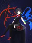  1girl absurdres asymmetrical_wings black_dress black_hair black_legwear bow bowtie breasts dress full_body hair_between_eyes high_heels highres houjuu_nue knees_together_feet_apart looking_at_viewer night night_sky red_eyes red_footwear red_neckwear short_hair sitting sky small_breasts smile snake solo star_(sky) starry_sky thigh-highs touhou wings 