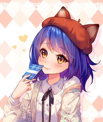  animal_ears bangs blue_hair blush collar collared_shirt commission hat headshot heart hyanna-natsu long_sleeves original ribbon shirt short_hair smile upper_body yellow_eyes 