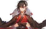 1boy black_gloves brown_cape cape crossed_arms fingerless_gloves gloves japanese_clothes kimono looking_at_viewer male_focus original red_kimono simple_background smile solo tsugutoku white_background 