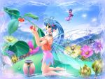  2girls antennae bare_shoulders barefoot berries blue_hair bug butterfly caterpillar choker commentary_request copyright_request dandelion fairy flower green_eyes harvest insect kneeling long_hair minigirl multiple_girls nature pixie pointy_ears r&#039;l skirt smile twintails wings 