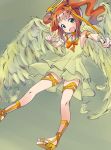  1girl angel angel_wings aokaze_(mimi_no_uchi) bow bow_(weapon) bowtie brown_hair commentary_request dress flying green_dress green_eyes green_panties halo head_tilt holding holding_weapon idolmaster idolmaster_(classic) layered_dress looking_at_viewer open_mouth orange_footwear orange_neckwear panties pantyshot pointing pointing_at_viewer sandals sleeveless sleeveless_dress smile solo takatsuki_yayoi thigh_strap twintails underwear weapon wings 