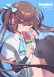  1girl amana_(pocketkey) arm_warmers asagumo_(kantai_collection) ascot black_legwear blue_background blue_neckwear blue_ribbon brown_hair character_name food food_in_mouth grey_eyes grey_skirt hair_ribbon highres holding holding_food kantai_collection long_hair looking_at_viewer pleated_skirt popsicle ribbon shirt short_sleeves simple_background skirt solo suspenders thigh-highs twintails watermelon_bar white_shirt 