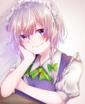  1girl attyuntyun915 blush bow bowtie braid chin_rest commentary_request eyebrows_visible_through_hair green_bow green_neckwear grey_background hair_between_eyes hair_bow hand_on_own_cheek hand_up head_tilt highres izayoi_sakuya light_rays looking_at_viewer maid maid_headdress puffy_short_sleeves puffy_sleeves short_hair short_sleeves silver_hair smile solo table touhou twin_braids upper_body violet_eyes wing_collar 