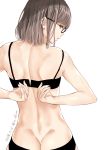  1girl adjusting_bra adjusting_clothes ass black-framed_eyewear black_bra black_panties bra brown_hair commentary_request dated glasses highres looking_at_viewer looking_back nabeshima_tetsuhiro original panties red_eyes short_hair solo underwear underwear_only 