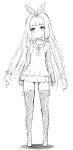  1girl blush bow commentary dress full_body greyscale hair_bow hairband long_hair long_sleeves looking_at_viewer monochrome neck_ribbon ribbon short_dress simple_background solo standing thigh-highs tonee white_background zettai_ryouiki 