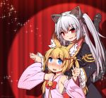  2girls animal_ears arms_up bell black_dress blonde_hair blue_eyes blush cat_ears cat_tail detached_sleeves dress fake_animal_ears fake_tail fang fox_ears grey_hair hair_ornament hairclip hand_holding jingle_bell kemomimi_oukoku_kokuei_housou long_hair mikoko_(kemomimi_oukoku_kokuei_housou) multiple_girls nora_cat nora_cat_channel open_clothes open_mouth open_shirt pink_shirt red_eyes rutsubo shirt smile tail twintails two_side_up upper_body virtual_youtuber 