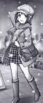  1girl :d amami_haruka bag blurry blurry_background boots commentary depth_of_field english_commentary greyscale hair_ribbon hand_on_hip high_heel_boots high_heels highres idolmaster long_sleeves looking_at_viewer monochrome open_mouth outdoors ribbon scarf shirt short_hair shoulder_bag skirt smile snowing solo standing standing_on_one_leg striped striped_shirt tonee 