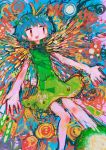  1girl abstract antennae aqua_hair butterfly_wings colorful dress eternity_larva eyebrows_visible_through_hair gradient_eyes green_dress hito_(nito563) multicolored multicolored_background multicolored_eyes open_mouth orange_eyes outstretched_arms short_hair sleeveless smile solo spread_arms touhou wings 