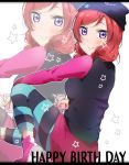  1girl \m/ beanie black_hat blush digital_media_player from_side hand_on_own_knee happy_birthday hat highres holding ipod knee_up lav leggings love_live! love_live!_school_idol_project low_twintails medium_hair nishikino_maki panda_copt pink_footwear pink_shirt redhead shirt shoes sitting solo star striped striped_legwear sweater_vest twintails twitter_username violet_eyes zoom_layer 