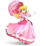  1girl 3d absurdres blonde_hair blue_eyes crown dress earrings elbow_gloves eyelashes frills full_body gloves highres huge_filesize jewelry long_dress long_hair looking_at_viewer nintendo nintendo_ead official_art open_mouth parasol pink_dress princess princess_peach smile solo standing super_mario_bros. super_smash_bros. super_smash_bros._ultimate umbrella white_gloves 